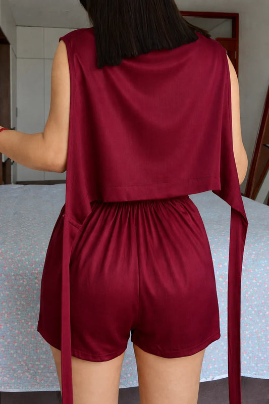 PREMIUM ROMANIAN LINEN ONE-PIECE OUTFIT JUMPSUIT - DEEP RED