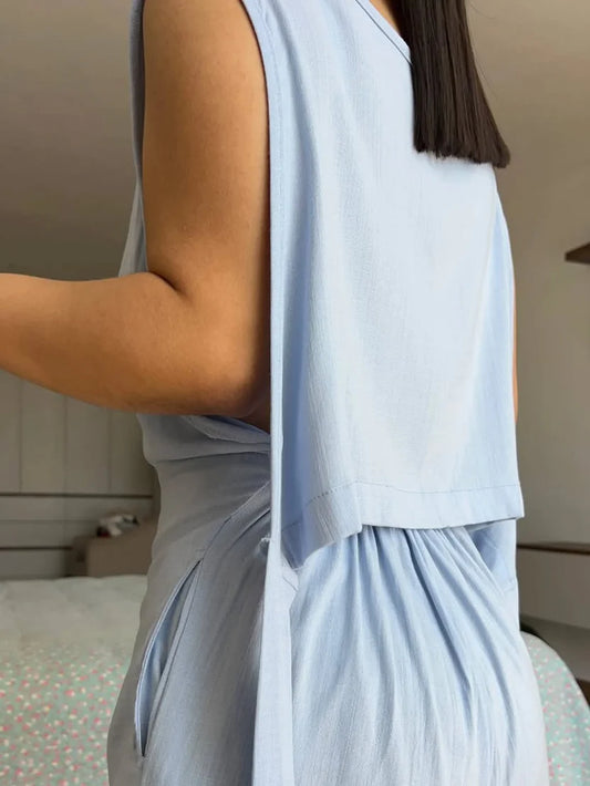 PREMIUM ROMANIAN LINEN ONE-PIECE OUTFIT JUMPSUIT - MISTY BLUE