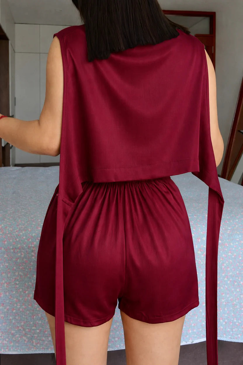 PREMIUM ROMANIAN LINEN ONE-PIECE OUTFIT JUMPSUIT - DEEP RED