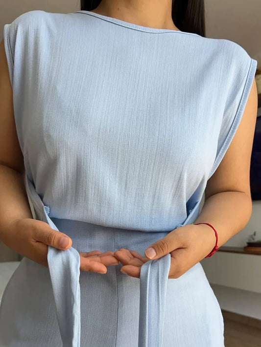 PREMIUM ROMANIAN LINEN ONE-PIECE OUTFIT JUMPSUIT - MISTY BLUE